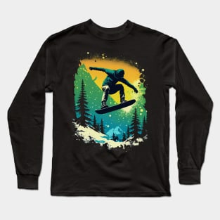 Snowboarder Catching Air with Mountains Trees Snowboarding Long Sleeve T-Shirt